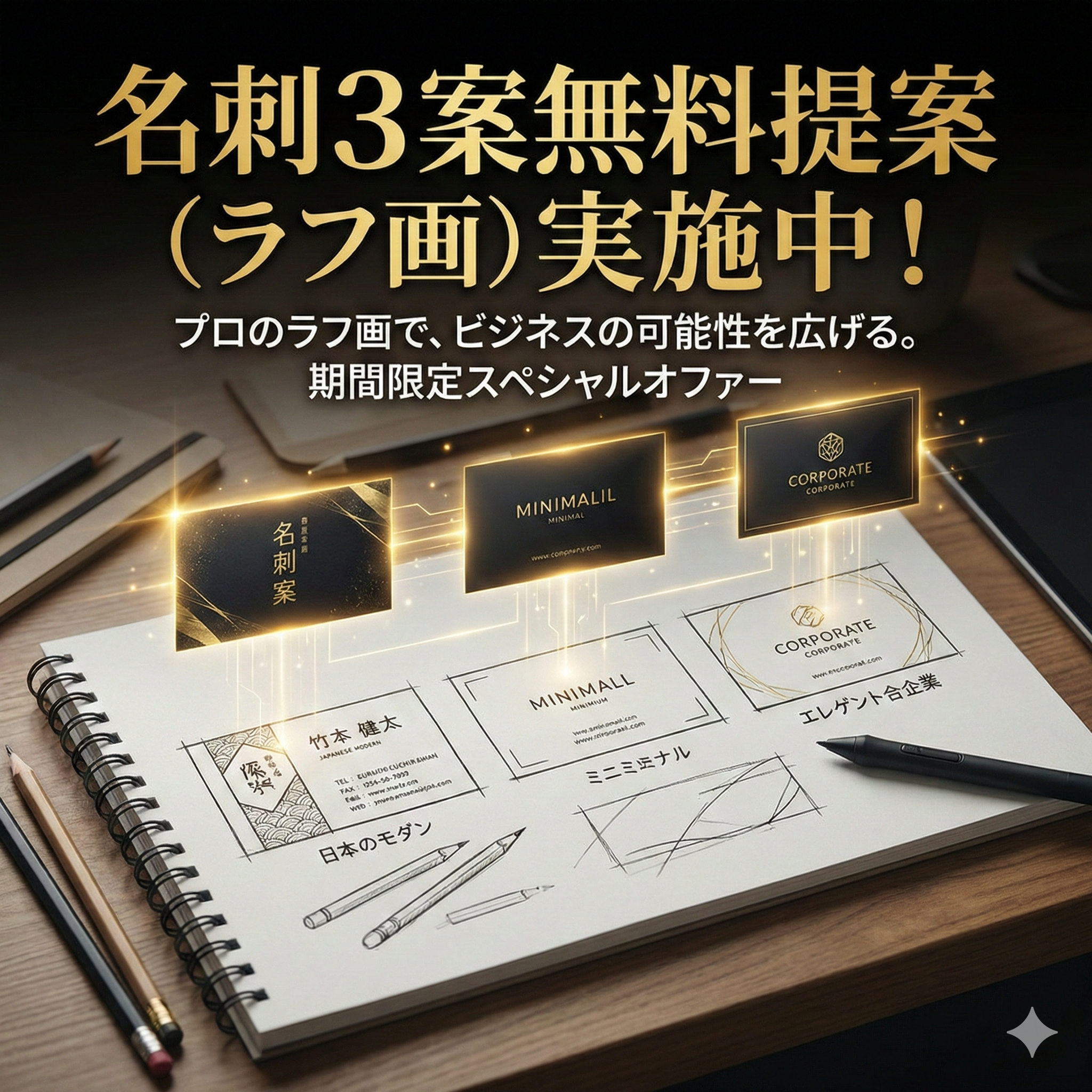 名刺3案無料提案（ラフ画）実施中！
